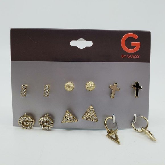 G by Guess Gold Tone Stud & Hoop Earrings Set 6-Pairs Cross Balls Triangle Logo - Picture 8 of 8
